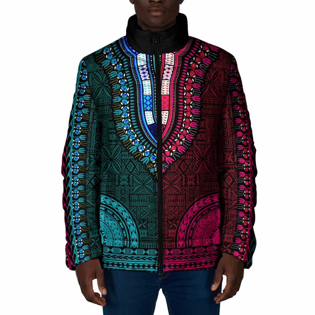 Teal-pink Dashiki and Tapa Pattern Padded Jacket Africa-Polynesia Together Culture