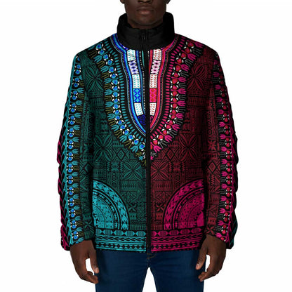 Teal-pink Dashiki and Tapa Pattern Padded Jacket Africa-Polynesia Together Culture