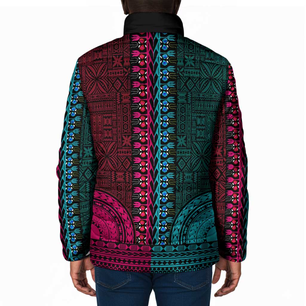 Teal-pink Dashiki and Tapa Pattern Padded Jacket Africa-Polynesia Together Culture