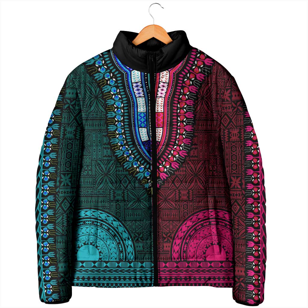 Teal-pink Dashiki and Tapa Pattern Padded Jacket Africa-Polynesia Together Culture