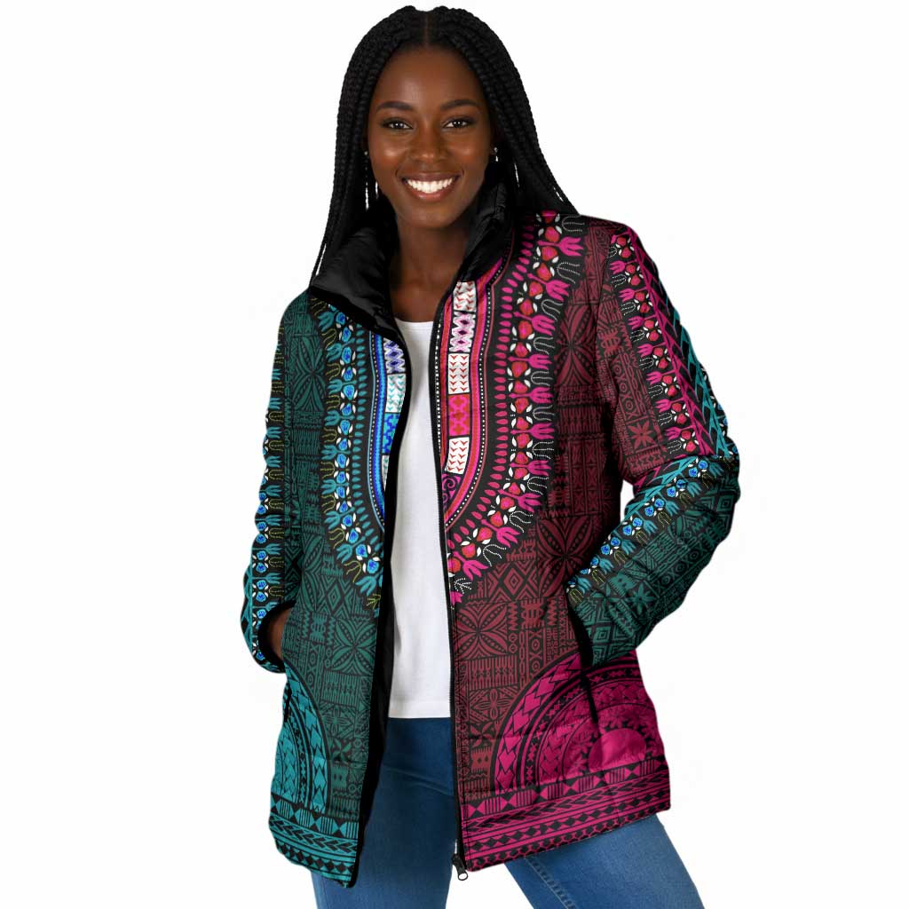 Teal-pink Dashiki and Tapa Pattern Padded Jacket Africa-Polynesia Together Culture