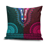 Teal-pink Dashiki and Tapa Pattern Pillow Cover Africa-Polynesia Together Culture