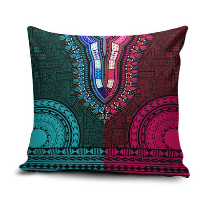 Teal-pink Dashiki and Tapa Pattern Pillow Cover Africa-Polynesia Together Culture
