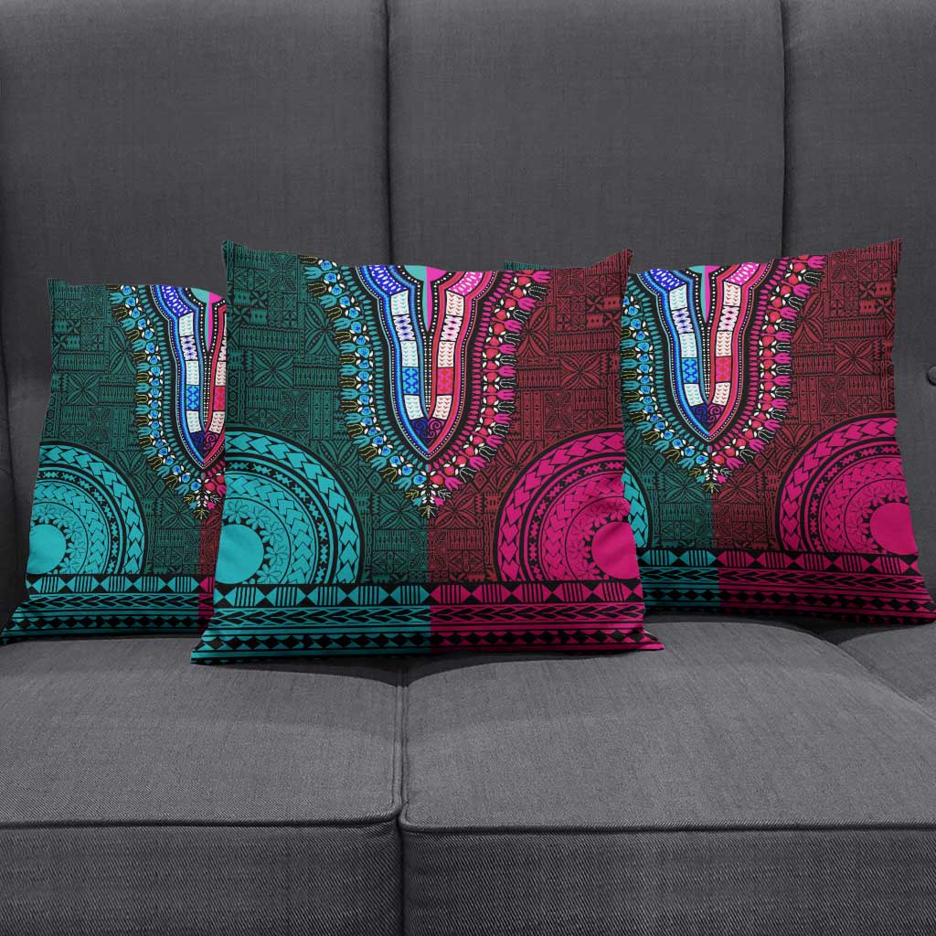 Teal-pink Dashiki and Tapa Pattern Pillow Cover Africa-Polynesia Together Culture