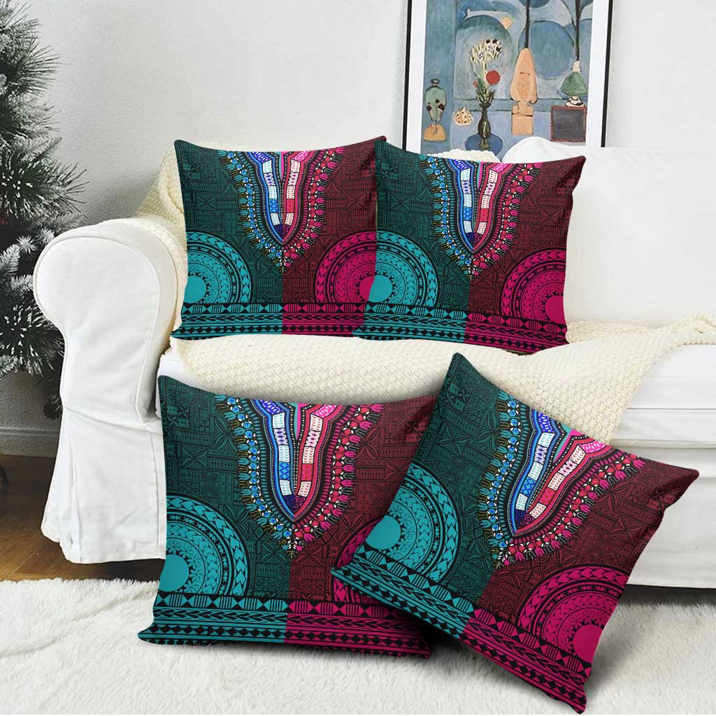Teal-pink Dashiki and Tapa Pattern Pillow Cover Africa-Polynesia Together Culture