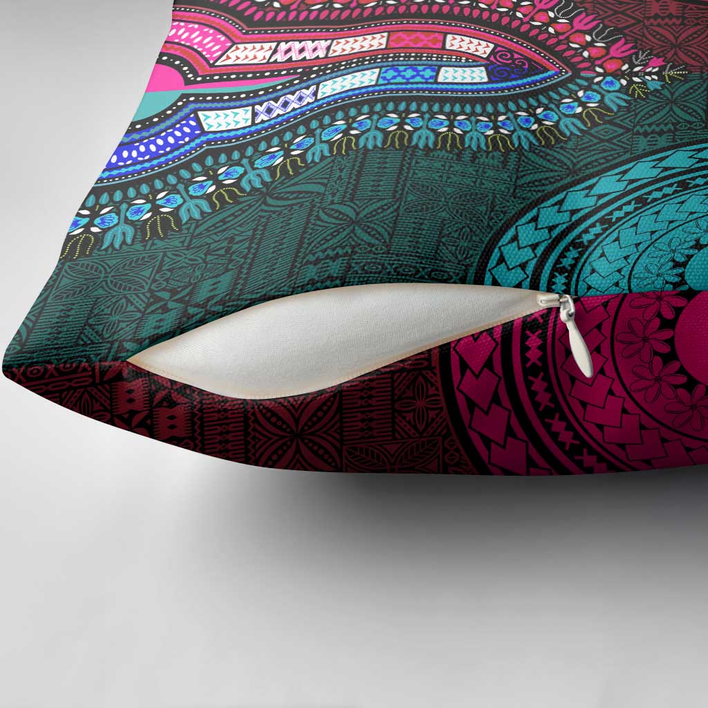 Teal-pink Dashiki and Tapa Pattern Pillow Cover Africa-Polynesia Together Culture