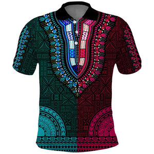 Teal-pink Dashiki and Tapa Pattern Polo Shirt Africa-Polynesia Together Culture