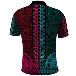 Teal-pink Dashiki and Tapa Pattern Polo Shirt Africa-Polynesia Together Culture