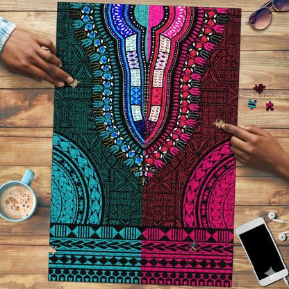 Teal-pink Dashiki and Tapa Pattern Puzzle Africa-Polynesia Together Culture