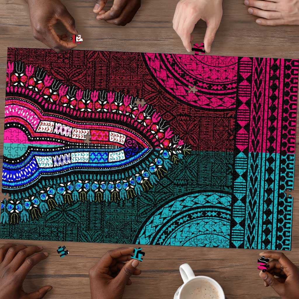 Teal-pink Dashiki and Tapa Pattern Puzzle Africa-Polynesia Together Culture