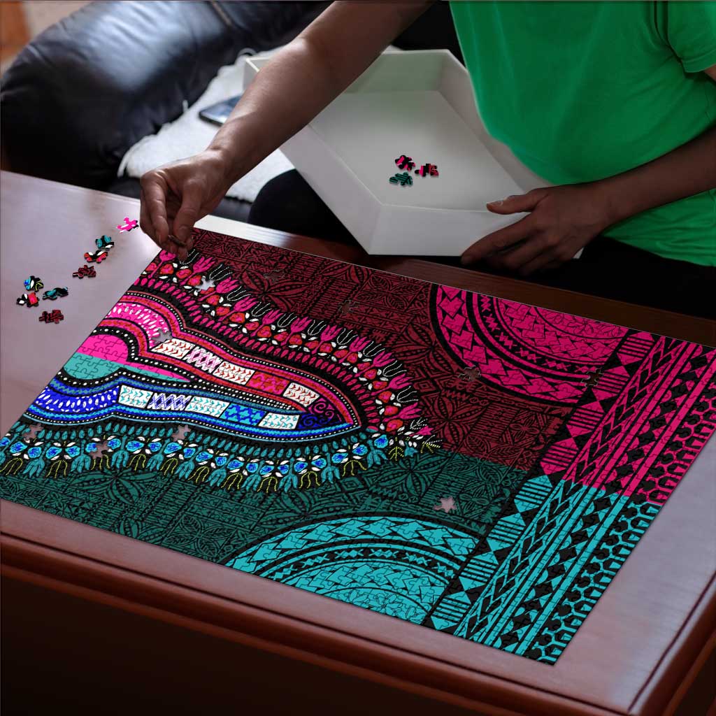 Teal-pink Dashiki and Tapa Pattern Puzzle Africa-Polynesia Together Culture