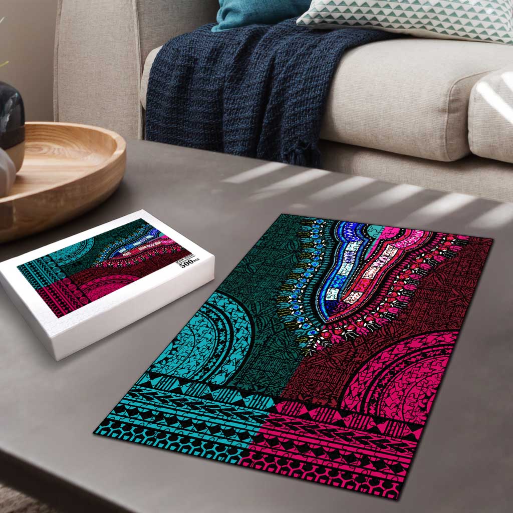 Teal-pink Dashiki and Tapa Pattern Puzzle Africa-Polynesia Together Culture