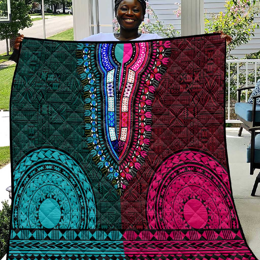 Teal-pink Dashiki and Tapa Pattern Quilt Africa-Polynesia Together Culture