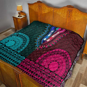 Teal-pink Dashiki and Tapa Pattern Quilt Africa-Polynesia Together Culture