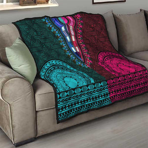 Teal-pink Dashiki and Tapa Pattern Quilt Africa-Polynesia Together Culture