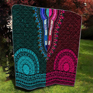 Teal-pink Dashiki and Tapa Pattern Quilt Africa-Polynesia Together Culture