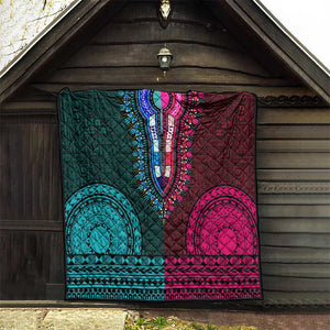 Teal-pink Dashiki and Tapa Pattern Quilt Africa-Polynesia Together Culture