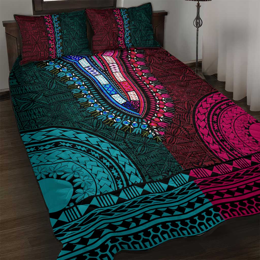 Teal-pink Dashiki and Tapa Pattern Quilt Bed Set Africa-Polynesia Together Culture