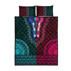 Teal-pink Dashiki and Tapa Pattern Quilt Bed Set Africa-Polynesia Together Culture