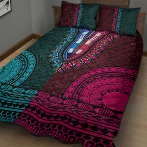 Teal-pink Dashiki and Tapa Pattern Quilt Bed Set Africa-Polynesia Together Culture