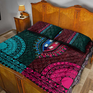 Teal-pink Dashiki and Tapa Pattern Quilt Bed Set Africa-Polynesia Together Culture