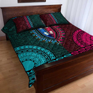 Teal-pink Dashiki and Tapa Pattern Quilt Bed Set Africa-Polynesia Together Culture