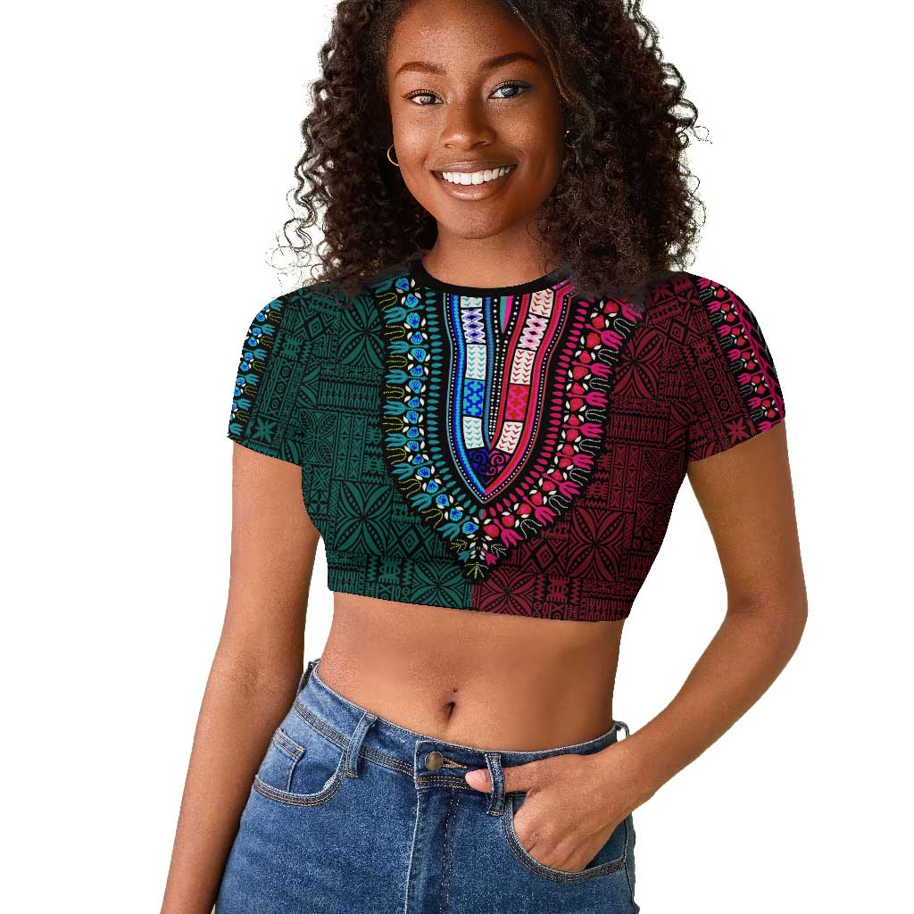 Teal-pink Dashiki and Tapa Pattern Raglan Cropped T shirt Africa-Polynesia Together Culture