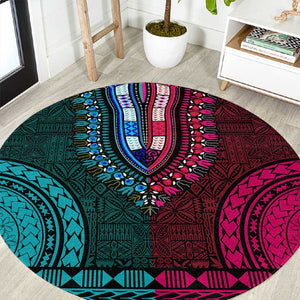 Teal-pink Dashiki and Tapa Pattern Round Carpet Africa-Polynesia Together Culture