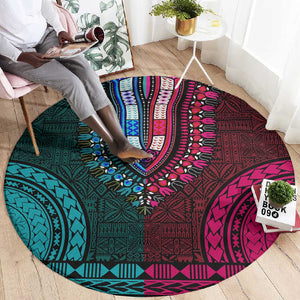 Teal-pink Dashiki and Tapa Pattern Round Carpet Africa-Polynesia Together Culture