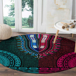 Teal-pink Dashiki and Tapa Pattern Round Carpet Africa-Polynesia Together Culture