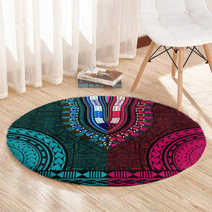 Teal-pink Dashiki and Tapa Pattern Round Carpet Africa-Polynesia Together Culture