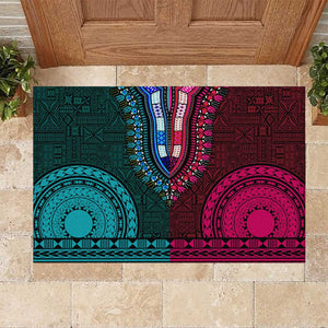 Teal-pink Dashiki and Tapa Pattern Rubber Doormat Africa-Polynesia Together Culture