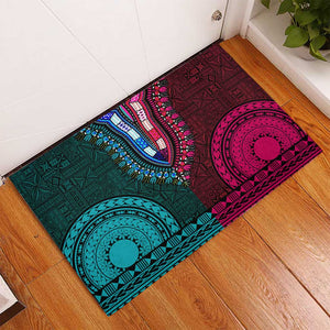 Teal-pink Dashiki and Tapa Pattern Rubber Doormat Africa-Polynesia Together Culture