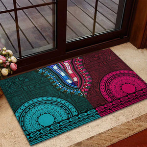 Teal-pink Dashiki and Tapa Pattern Rubber Doormat Africa-Polynesia Together Culture