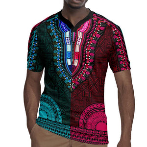 Teal-pink Dashiki and Tapa Pattern Rugby Jersey Africa-Polynesia Together Culture