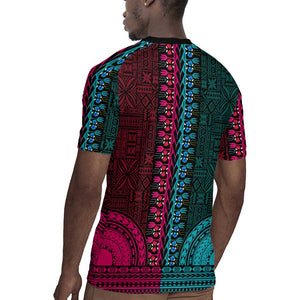 Teal-pink Dashiki and Tapa Pattern Rugby Jersey Africa-Polynesia Together Culture