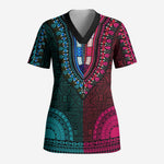 Teal-pink Dashiki and Tapa Pattern Scrub Top Africa-Polynesia Together Culture