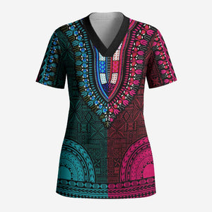 Teal-pink Dashiki and Tapa Pattern Scrub Top Africa-Polynesia Together Culture