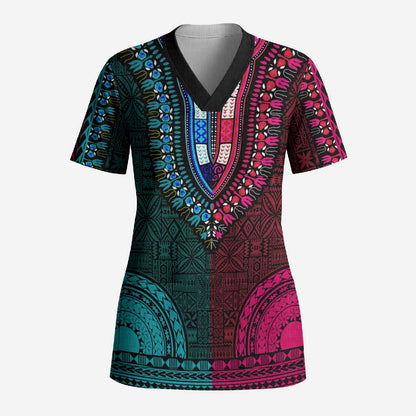 Teal-pink Dashiki and Tapa Pattern Scrub Top Africa-Polynesia Together Culture