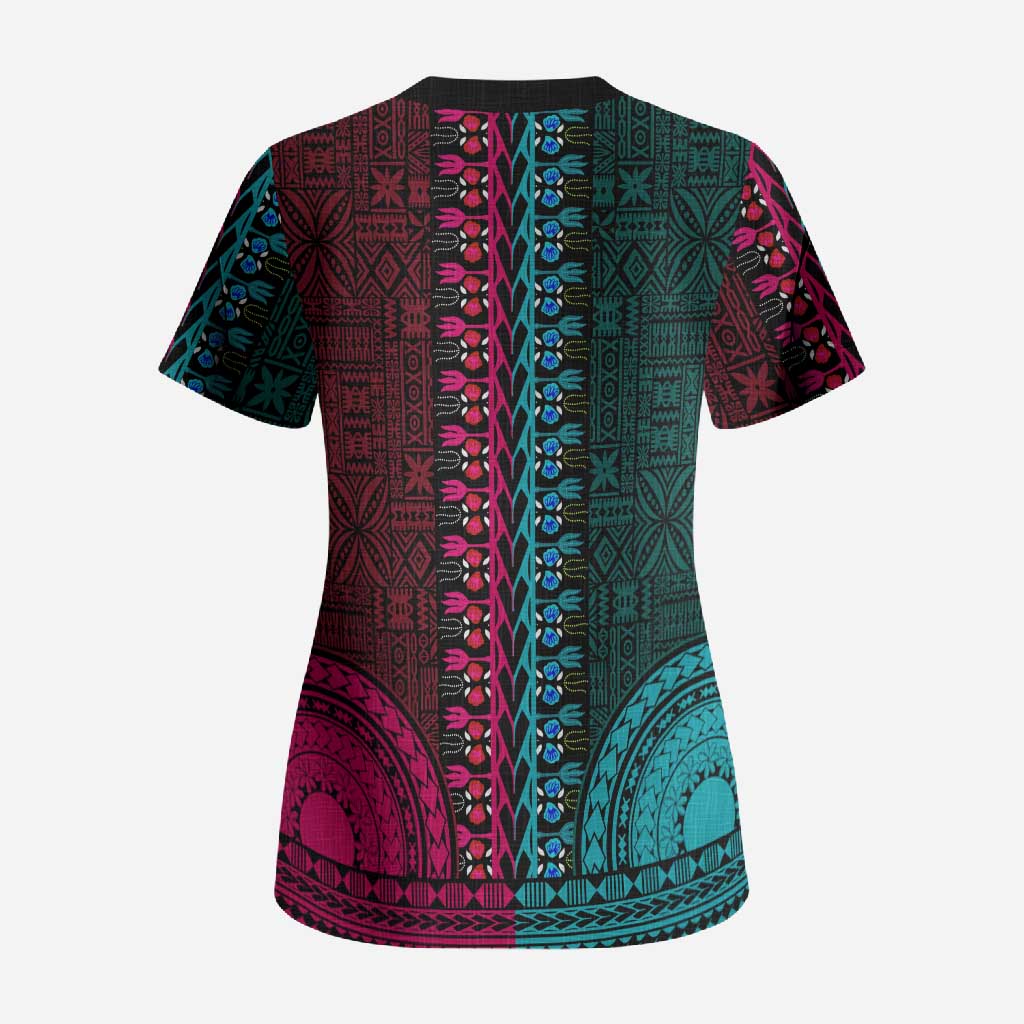 Teal-pink Dashiki and Tapa Pattern Scrub Top Africa-Polynesia Together Culture