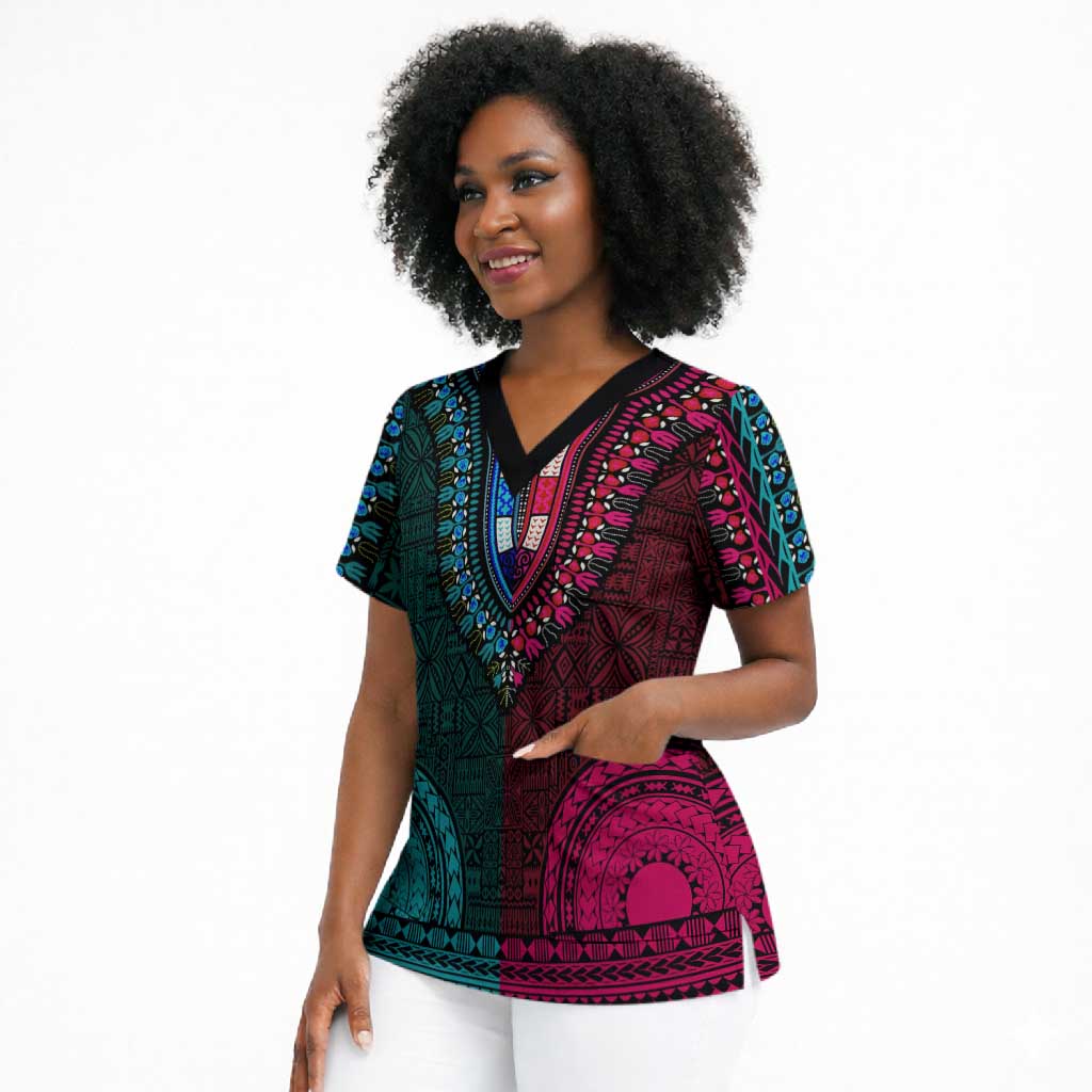 Teal-pink Dashiki and Tapa Pattern Scrub Top Africa-Polynesia Together Culture