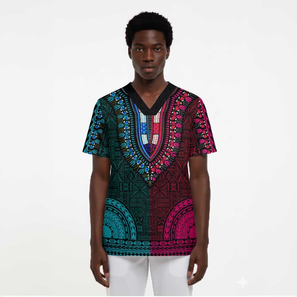 Teal-pink Dashiki and Tapa Pattern Scrub Top Africa-Polynesia Together Culture