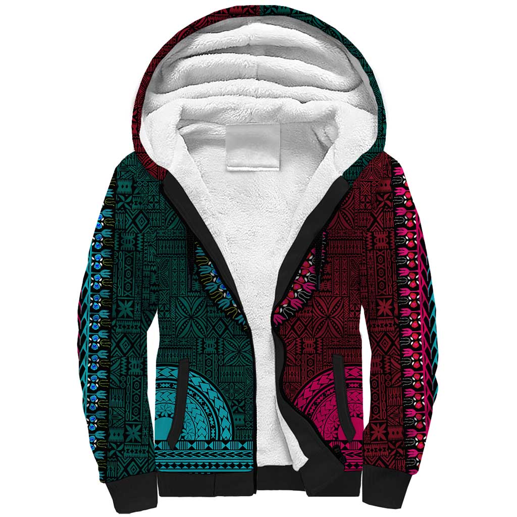 Teal-pink Dashiki and Tapa Pattern Sherpa Hoodie Africa-Polynesia Together Culture