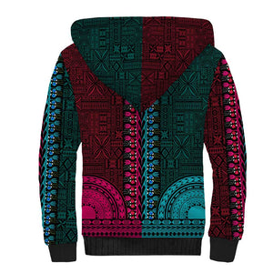 Teal-pink Dashiki and Tapa Pattern Sherpa Hoodie Africa-Polynesia Together Culture