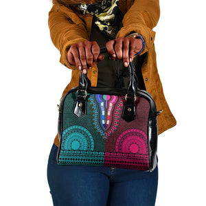 Teal-pink Dashiki and Tapa Pattern Shoulder Handbag Africa-Polynesia Together Culture