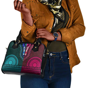 Teal-pink Dashiki and Tapa Pattern Shoulder Handbag Africa-Polynesia Together Culture