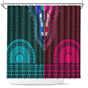 Teal-pink Dashiki and Tapa Pattern Shower Curtain Africa-Polynesia Together Culture