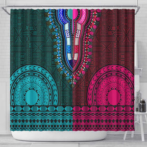 Teal-pink Dashiki and Tapa Pattern Shower Curtain Africa-Polynesia Together Culture