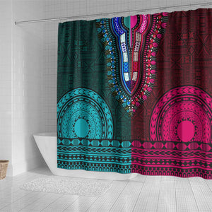 Teal-pink Dashiki and Tapa Pattern Shower Curtain Africa-Polynesia Together Culture