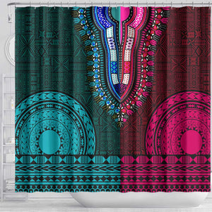 Teal-pink Dashiki and Tapa Pattern Shower Curtain Africa-Polynesia Together Culture